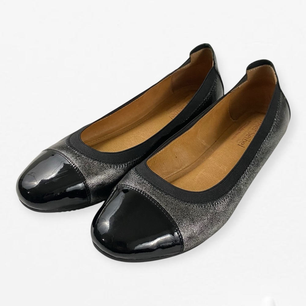 Josef Seibel Pippa Patent Black and Silver Metallic Gray Dress Ballet Flats 39